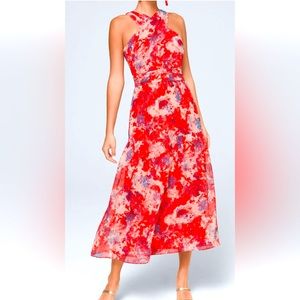 WhiteHouse BlackMarket Clip Dot Halter Maxi Orange Blue Gold Beach Print Sz 12
